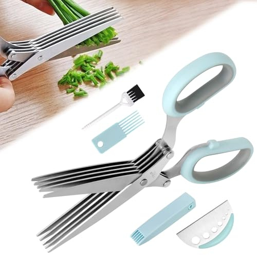 Herb Scissors 5 Blade Kitchen Salad Scissors Set with Herb Stripper Stainless Steel Blade Kitchen Blue Shears