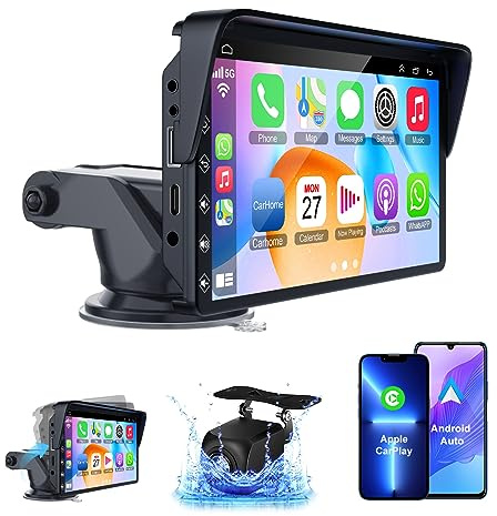 Portable Apple Carplay Screen for Car, 7 Inch IPS Touchscreen Car Stereo Support Wireless Carplay&Android Auto, Backup Camera, AirPlay, Bluetooth, Mirror Link/Mic/TF/USB/AUX for All Vehicles