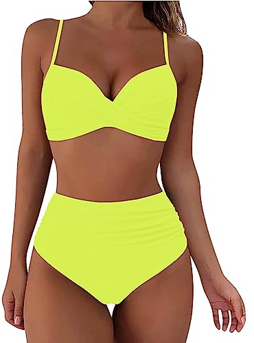 WILLBEST Damen Bikini Triangel Top & High Waist Hose, Gelb, XL