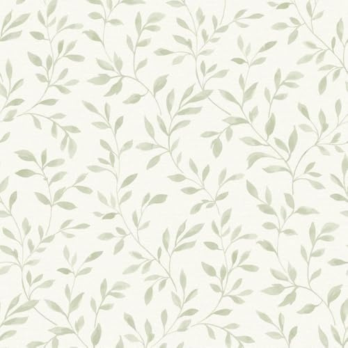 Narine Sage Green Wallpaper - Floral Leaves Trail Botanical Naturistic - Textured Paste The Wall Vinyl