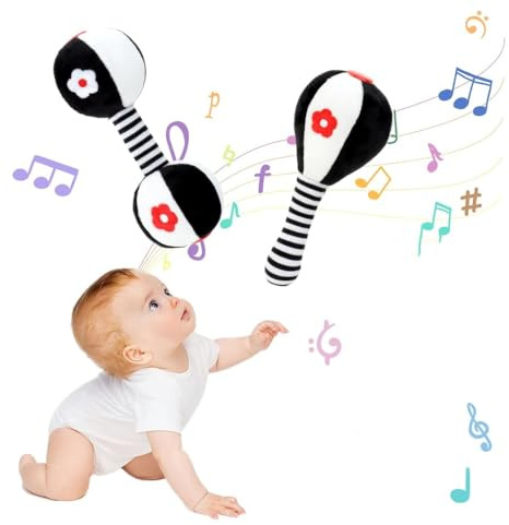 Voarge 2 Stück Baby-Spielzeug, Rassel für Neugeborene, Weiß und Schwarz, hoher Kontrast, sensorisches Spielzeug, weiches Rasselspielzeug Geschenk für 3 6 9 12 Monate Jungen und Mädchen
