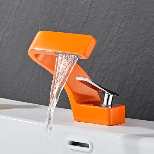 MocArt 2239 Grifo de cascada, grifo mezclador de baño, grifo de cobre, núcleo de válvula de cerámica, montaje de un solo orificio, diseño de ahorro de agua (naranja + plata)