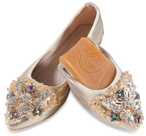 YOUNIFIZ Women's Ballet Flats Foldable Casual Sparkly Jewels Wedding Ballerina Shoes Comfort Slip on Walking Dolly Shoes (Gold-7,Size 5.5)