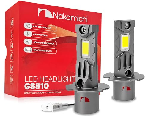 Nakamichi GS810 Series H3 LED żarówki do reflektorów i świateł przeciwmgielnych do wymiany, 12 000 lumenów 44 W na komplet, biel dzienna, Plug and Play, wiązka 1:1, zestaw 2 szt., 6000K, H3