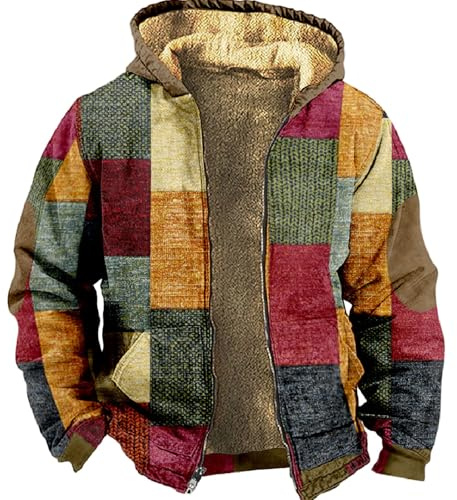 Sweat a Capuche Patchwork a Carreaux pour Hommes, Veste Ethnique a Imprimé Aztèque 3D Vintage de Style Occidental, Manteau D'hiver Manches Longues Fermeture Éclair(Coat G,XL)