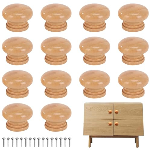 YqsIbth Wooden Door knobs, 14 PCS Wooden Drawer knobs, Wooden knobs Round Wood Drawer Knob Wood Knobs with Screws for Cabinet Cupboard Wardrobe Furniture Kitchen(28 x 24mm)