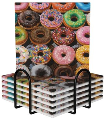 Set di 6 sottobicchieri colorati con ciambelle stampate, in ceramica assorbente, con supporto in metallo nero, per la decorazione di casa e ufficio