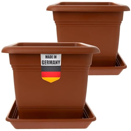 Vaso Grande Esterno 40 x 40 cm con Sottovaso (Set da 2) - Fioriera in Plastica Made in Germany - Terracotta