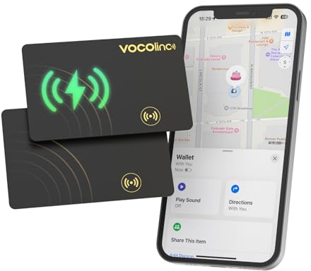 VOCOlinc Dual System Air Card Tag 2 Pack, Rechargeable Wallet Tracker Work with Android Google Find Hub or iOS Apple Find My APP (Huawei not Supported), Smart Finder Locator for Wallet/Luggage/Bag