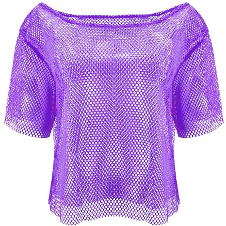Jadive Haut en résille fluo des années 80 pour femme - Haut en maille - Épaules dénudées - Costume disco rétro, violet, taille unique