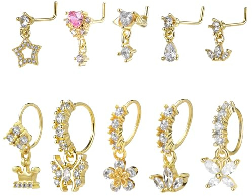 10Pcs 20G Dangly Nose Rings Surgical Steel Dangling Nose Ring and L Shaped Dangling Nose Stud Set Gold Butterfly Heart Moon Flower Star Piercing Jewelry CZ Cartilage Earring for Women Party Gathering