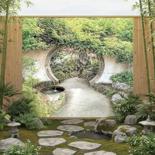 Zen Moon Gate Garden Mural, Tapestry & Curtain – Waterproof Mural Outdoor Wall Hanging, Japanese Style Garden Wall Art, Fence Decor & Outdoor Tapestry W300cm x H180cm, W118.11 inches x H70.87 Inches