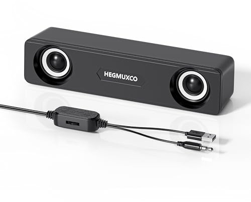 Kompakta PC-högtalare för skrivbord – 10 W trådbunden stereohögtalare med volymkontrollvred, USB-driven, 3,5 mm ljudingång, bärbar dator med expertinställd dataljudstång med djup bas för kontor, hem