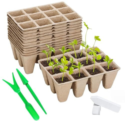 VEKLIQ 20 Piezas 240 Celdas Bandeja de Germinación de Semillas, Semilleros, Biodegradables con Agujeros de Drenaje, Maceta para Semillas con Etiquetas de plástico y Herramientas de trasplante