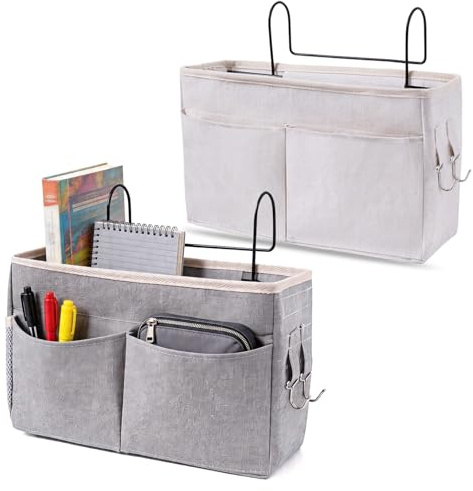 CZMTBO 2 Stücke Bett Organizer, Betttasche Zum Einhängen Multifunktionale Organizer Bett Betttasche mit Darhthaken für Zeitschriften Handy Kopfhörer und Bücher (Grau und weiß)