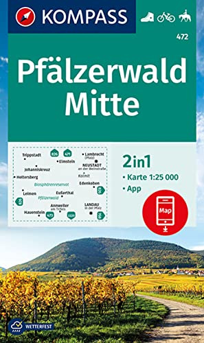 KOMPASS Wanderkarte 472 Pfälzerwald Mitte 1:25.000: 2in1 Wanderkarte inklusive Karte zur offline Verwendung in der KOMPASS-App. Fahrradfahren. Reiten.