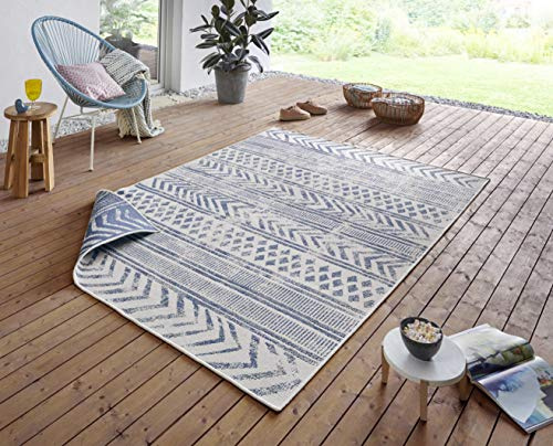 NORTHRUGS In- und Outdoor Teppich Biri 160x230cm - Wendeteppich Wetterfest Boho Style Vintage Design Läufer für Balkon Terrasse Garten Wintergarten Wohnzimmerteppich Wasserfest in Blau Creme
