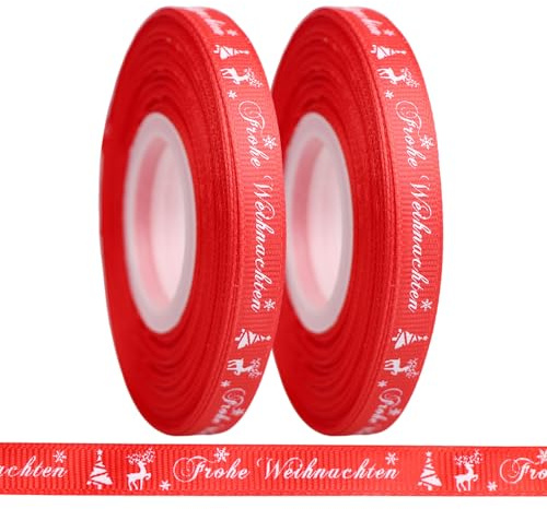 LOOGI 22m Schleifenband 10mm Satinband, Geschenkband Weihnachten Rot Dekoband Weihnachtsband Stoffband mit Frohe Weihnachten, 2er-Rolle