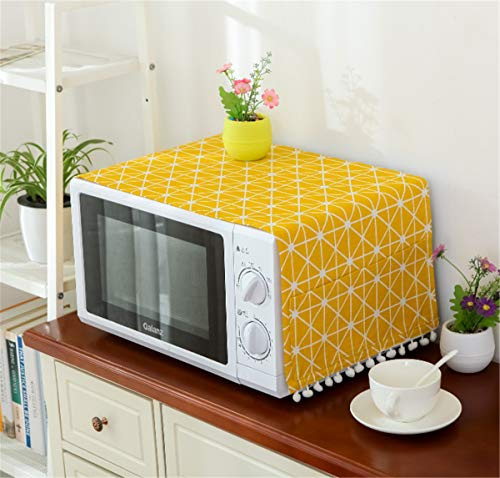 Annchaos Microwave Oven Cover Dust Oil Proof Cloth with Storage Pockets Cotton Linen Kitchen Toaster Appliance Protector (Yellow Checkerboard)