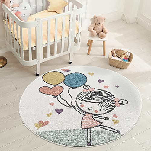 carpet city Kinderteppich - Mädchen Luftballon 160 cm Rund Creme Multi- Kinderzimmer Teppich Modern