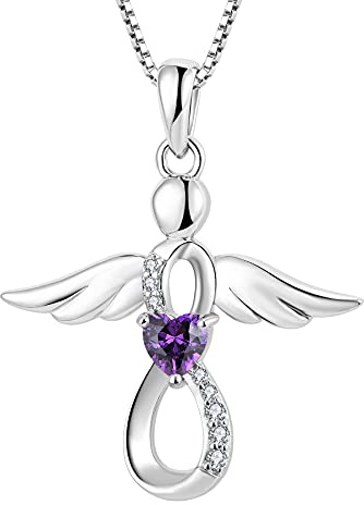 FJ Guardian Angel Necklace 925 Sterling Silver Infinity Pendant Amethyst Necklace February Birthstone Jewellery for Women