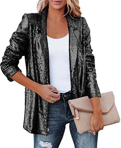 SEMATOMALA Women's Sequin Shiny Open Front Blazer Evening Party Sparkly Long Sleeve Slim Cardigan Coat BL-S