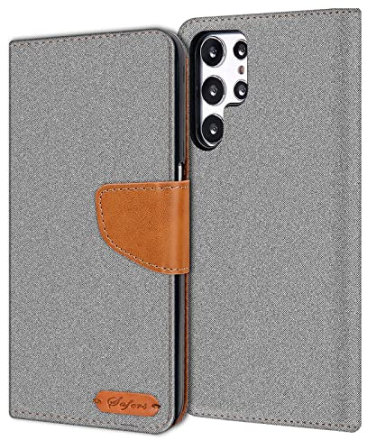Verco Coque pour Samsung Galaxy S22 Ultra, Étui Portefeuille Compatible avec Samsung S22 Ultra 5G Case Textures de Fibre Housse de Protection, Gris