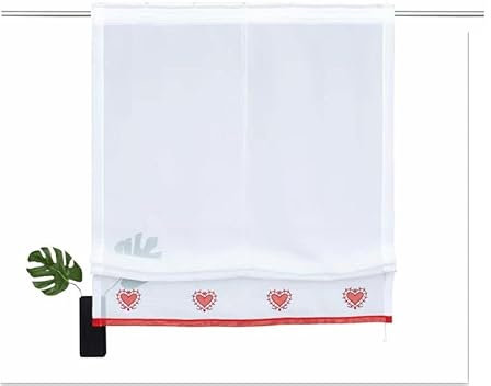 Devola transparent Voile Raffrollo Herz-Motiven bestickte Raffgardinen Faltvorhang Modern Rollo mit Kordelzug Küchengardine Fertiggardine BxH 45x155cm Stangendurchzug Rot 1er Pack