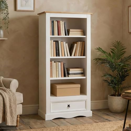 IDIMEX Bücherschrank Tequila, schönes Bücherregal im Mexiko Stil, praktisches Standregal mit 4 Fächer, Zeitloses Regal aus Kiefer massiv in weiß/braun
