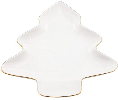 Vilde Porzellanteller Servierteller Serviertablett weiß mit Goldverzierung | Weihnachtsbaum 20x16,5 cm