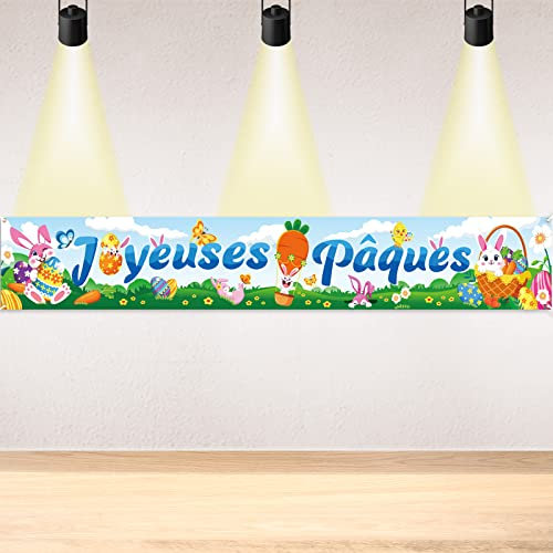 DPKOW Français Joyeuses Pâques Bannière pour Pâques Décoration, Joyeuses Pâques Bannière en Tissu pour France Pâques Intérieur Extérieur Décoration Bannière Jardin Table Mur de Pâques, 270 * 40cm