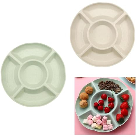 XUEHOU Assiette à Snack Bol à Snack Rond Bol à Bonbons 2 Pièces Assiettes à Collations avec 5 Compartiments Plateau à Snack Assiette à Fruits Réutilisable Vert Clair et Blanc Crème pour Noix