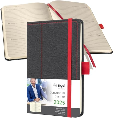 SIGEL C2556 Wochenplaner Wochenkalender 2025, Lederoptik, ca. A6, dunkelgrau/rot, Hardcover, 176 Seiten, Gummiband, Stiftschlaufe, Archivtasche, aus nachhaltigem Papier, Conceptum