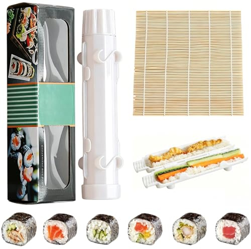 Sushi Maker Roller – 4 teiliges Sushi Set zum Selber Machen mit Bazooka & Rollenmatte, Multifunktionaler Sushi Maker für Anfänger DIY Reisbällchen Bazooka & Zubehör | Tragbar & Spülmaschinenfest, Weiß