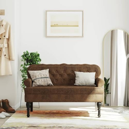 Homgoday Sitzbank mit Rückenlehne Flurbank Polsterbank Esszimmerbank Bank Wartebank Wohnzimmerbank Bank für Flur Wohnzimmer mit Rückenlehne Braun 119,5x64,5x75 cm Wildleder-Optik