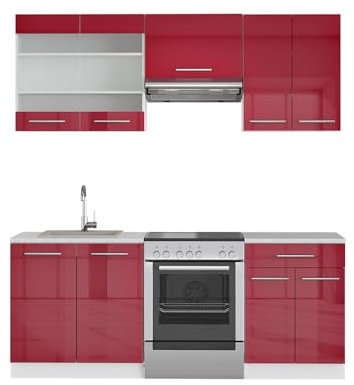 Vicco Küchenzeile Fame-Line, Bordeaux Hochglanz/Weiß, 200 cm, AP Marmor
