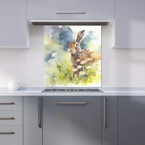 Premium Hare And Daisies Watercolour Kitchen Splashback 6mm Toughened Glass Kitchen Splashback – Heat Resistant Splashback for Kitchens, Perfect for Cookers and Hobs, Polished Edges