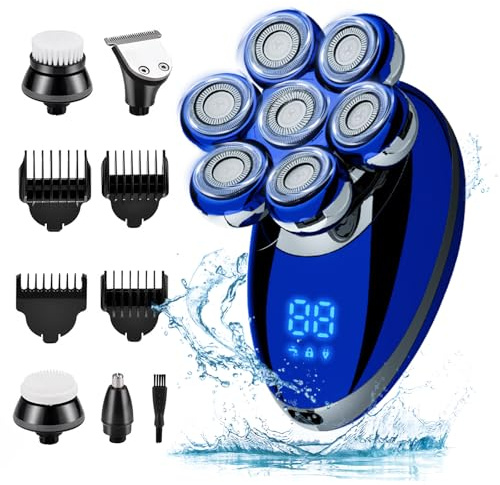 Rasoir Electriques Hommes, 5 in 1 Rasoirs à Têtes Rotatives, IPX7 Étanche Rechargeable Sec et humide Rasoir Ensemble à tête chauve Sec et humide Rasoir Nez Ave écran LED et Brosse pour le Visage-Bleu