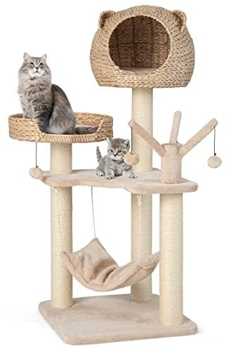 FANTASK Katzenkratzbaum mit Höhle, 121cm hoch, Katzenbaum mit Hängematte & 4 Plüschbällen & Bett, Kletterbaum mit Katzenhöhle