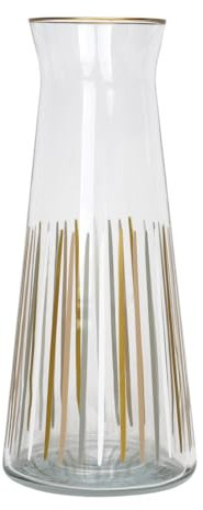 Talking Tables Jarra de vidrio a rayas blancas y doradas, jarra de vidrio de cuello estrecho de 25 cm para nevera, agua, leche, té helado, jugo, bebidas, decantador de vino