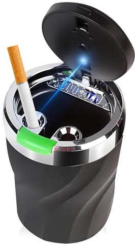Aschenbecher Auto,Auto Aschenbecher mit Deckel,Tragbare Edelstahl Aschenbecher Auto mit LED Licht und Deckel,Auto Aschenbecher,für Autos Van Outdoors Camping(Schwarz)