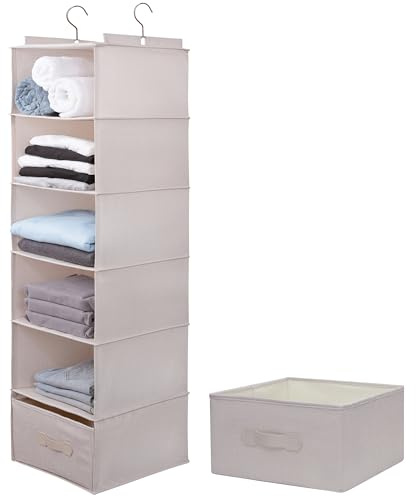 tulinstiraga Large Hanging Sweater Organizer for Closet,Collapsible 6-Shelf Hanging Closet Shelves with Drawers, Washable (Mibai -6 Shelf-1 d)