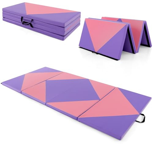 SPOTRAVEL 4-Fold 8FT x 4FT Folding Gymnastics Mat, 5cm Thick Foam PU Leather Tumbling Mats with Carry Handles, Hook & Loop Fasteners, Exercise Aerobics Mat for Yoga, Home & Gym (Rose + Purple)