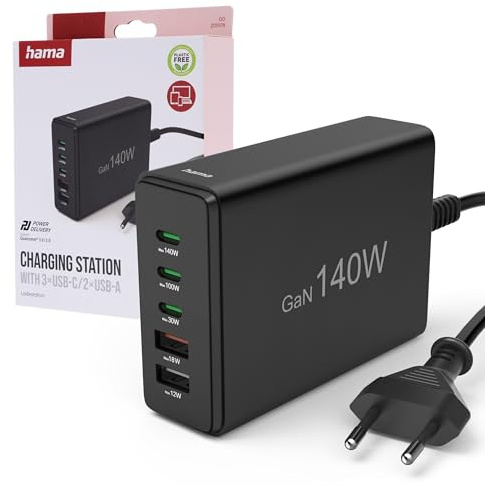Hama 5-Fach USB GaN Ladestation Schnellladegerät 140W, USB-C PD/USB A | Mehrfach USB-Ladestation schwarz, Multiport Charger mit Kabel für Handy, iPhone, Samsung, Tablet, iPad, GaN-Netzteil Laptop