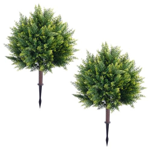 FONYICK 27.6'' Artificial Cedar Topiary Ball Trees (2 Pack), UV Resistant Faux Evergreen Shrubs with Ground Spikes, Realistic Fake Cedar Trees for Front Porch Planter, Outdoor & Indoor Decor