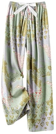 Women's Pajama Bottoms Summer Soft Wide Leg Lounge Pants Vintage Ethnic Style Printed Cotton Linen Cropped Trousers Nightwear Comfy Elasticated Waist Sleep Pants for All Seasons One Size