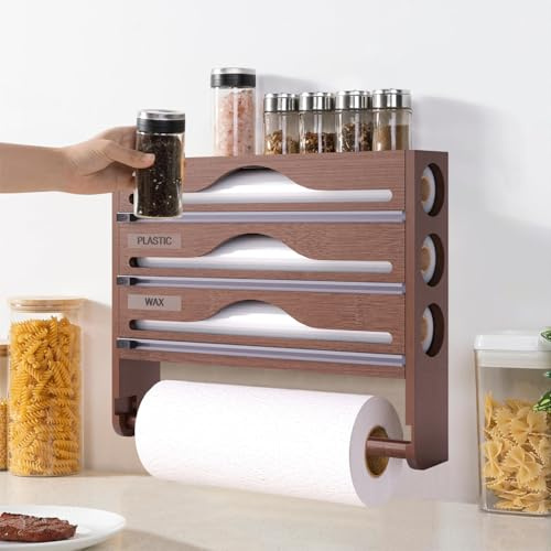 Dispensador Papel Aluminio y Film con Portarrollos Papel Cocina y Estante para Especias, Porta Rollos de Papel Cocina de Bambú, Organizador Papel Aluminio y Film de 30cm de Largo