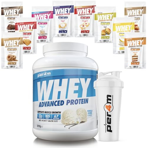 Per4m Whey Protein Shake Powder, Shaker and Sachets | Low Sugar Gluten Free | with 10 Mixed Flavour Sachets & Shaker (2010g, Vanilla Creme)