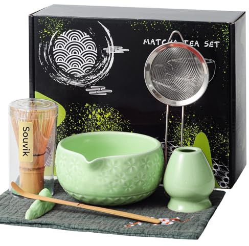 Souvik Matcha Set 7 Piezas – Kit de Matcha Japonés para Ceremonia con Cuenco Verde con Boquilla, Batidor de Bambú, y Accesorios – Ideal para Matcha Latte, Desayuno o Regalo