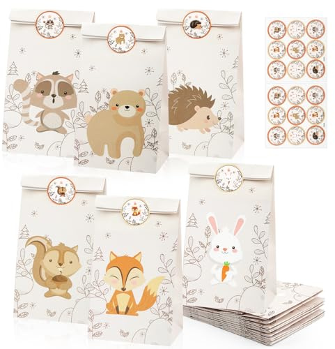 Deepton 12 x Papiertüten, Geschenktüten Kindergeburtstag mit 18 Aufkleber | Mitgebsel Tüten Kindergeburtstag, Papiertüten Klein, Candy Tüten zum Hochzeit, Party, Einschulung, Giveaways, Tierische